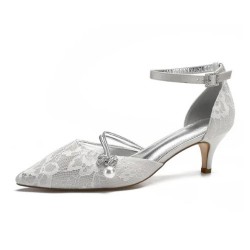 BELLA Silver Lace Wedding Shoes Kitten Heel with Pearl