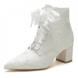 BELLA Ivory Lace Ankle Wedding Boots Block Heel