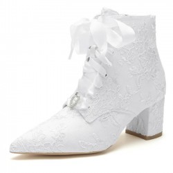BELLA White Lace Ankle Wedding Boots Block Heel