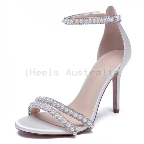 BELLA White Satin Pearl Strap Wedding High Heels