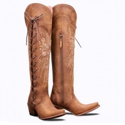 CUTE Brown Embroidery Knee High Cowgirl Boots