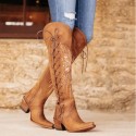 Cute Brown Embroidery Knee High Cowgirl Boots with Foot