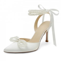 BELLA Ivory Closed Toe Wedding High Heels with Pearl Bow and Ankle Strap