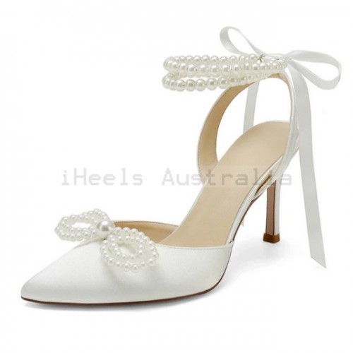 BELLA Ivory Closed Toe Wedding High Heels with Pearl Bow and Ankle Strap