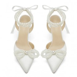 BELLA Ivory Closed Toe Wedding High Heels with Pearl Bow and Ankle Strap Front
