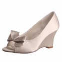 ELLEN Grey Satin Peep Toe Wedding Wedges with Bow