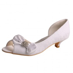 ELLEN White Lace Wedding Shoes Low Heel with Bow
