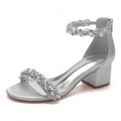 ELLEN Silver Wedding Sandals Low Heel with Crystal Strap
