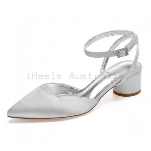 BELLA Comfortable Low Heel Silver Satin Wedding Shoes