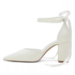 BELLA Ivory Wedding Block Heels with Duo Pearl Ankle Strap