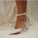 BELLA Ivory Wedding Block Heels with Duo Pearl Ankle Strap