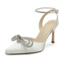BELLA Ivory Wedding High Heels with Rhinestone Bow and Strap Front